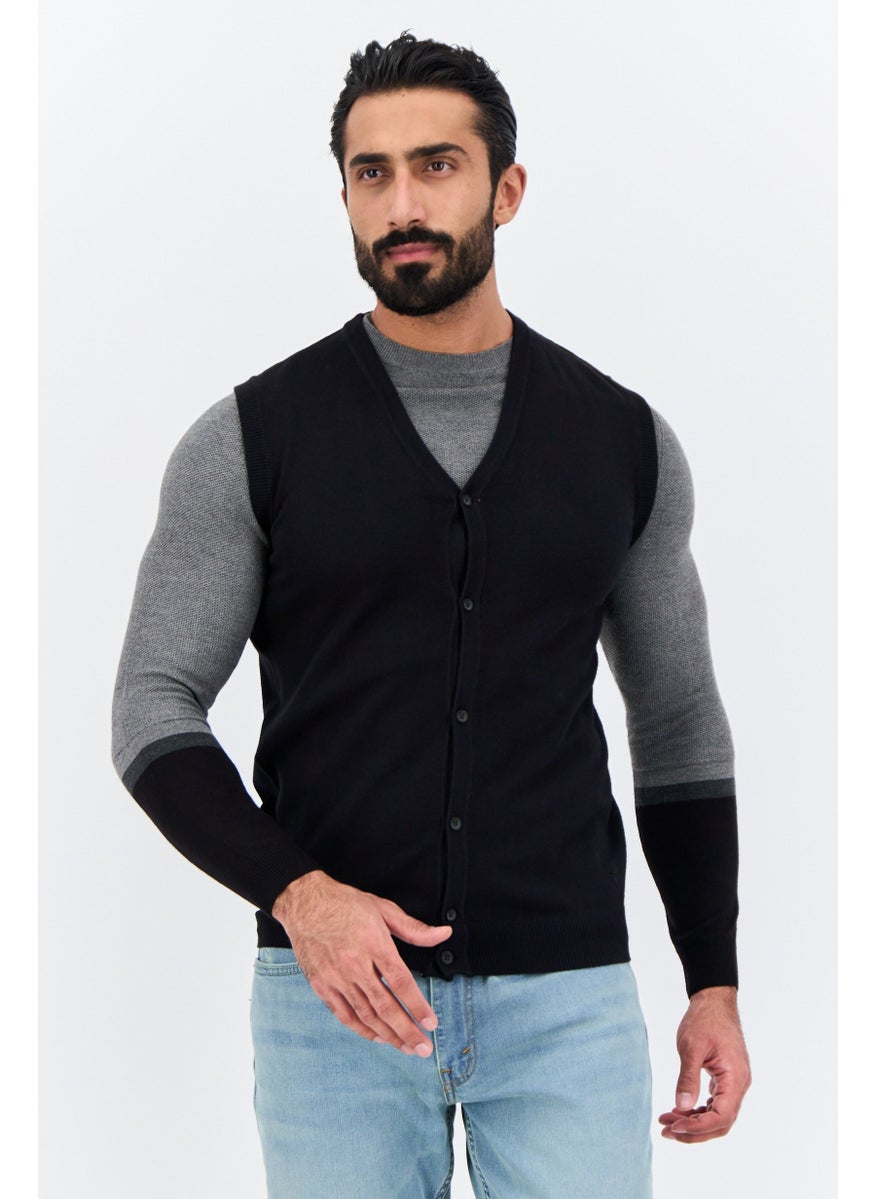 Sorbino - Men V-Neck Knitted Sleeveless Vest Cardigan, Black - Image 1