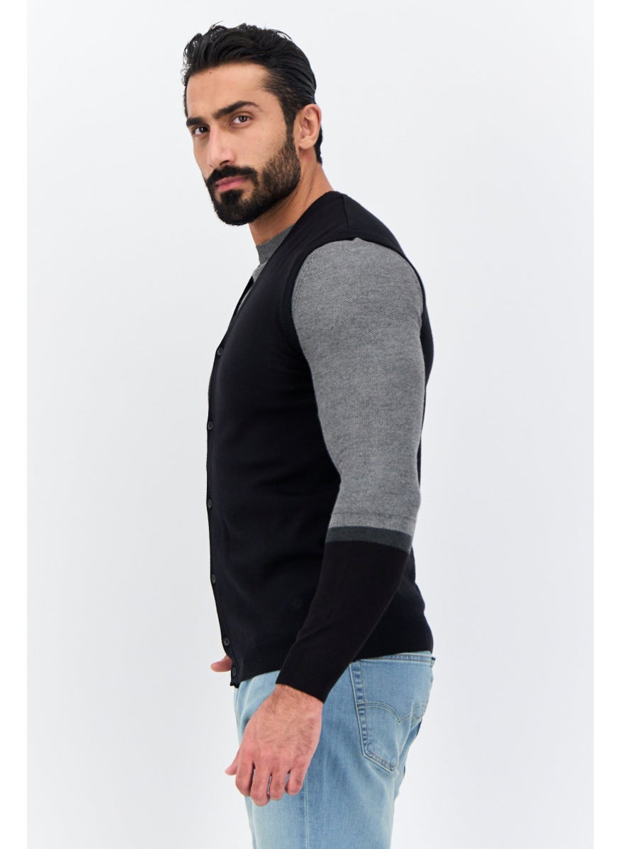 Sorbino - Men V-Neck Knitted Sleeveless Vest Cardigan, Black - Image 1