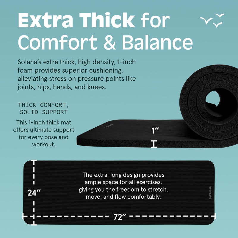 Retrospec Solana Yoga Mat 1" Thick w/Nylon Strap for Men & Women - Non Slip Exercise Mat for Home Yoga, Pilates, Stretching, Floor & Fitness Workouts - Black - Image 4
