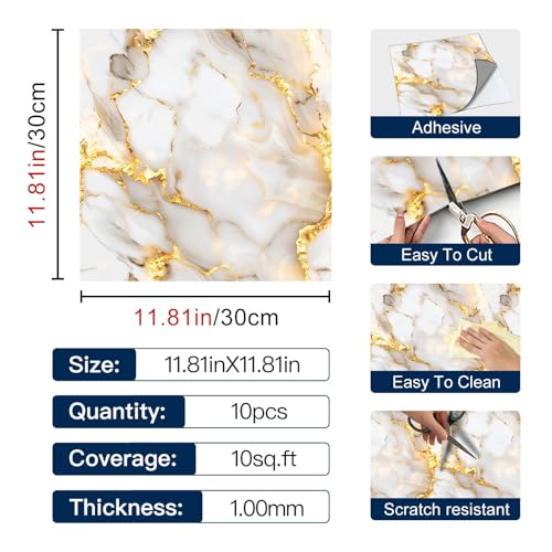 IVN 10PCS 12x12 Inch Peel and Stick Floor Tile, White Gray Marble with Gold Veins Pattern, Removable Vinyl Removable Floor Tile for Kitchen Bathroom Living Room, Residue-Free Removal - Image 4