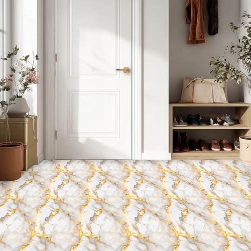 IVN 10PCS 12x12 Inch Peel and Stick Floor Tile, White Gray Marble with Gold Veins Pattern, Removable Vinyl Removable Floor Tile for Kitchen Bathroom Living Room, Residue-Free Removal - Image 2