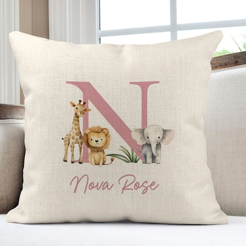 Personalised Safari Cushion Pink Color Jungle Nursery Decor New Baby Gift Newborn Keepsake Pillow - Image 4