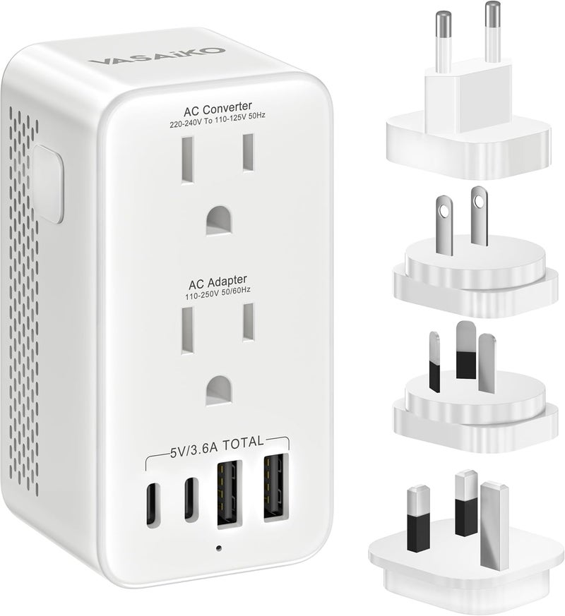 VASAIKO Voltage Converter US to Europe, Travel Adapter Voltage Converter to Step Down 220V to 120V, Power Converter with 2 USB-A 2 USB-C Port & UK/AU/US/IT/European Travel Plug Adapters - Image 1