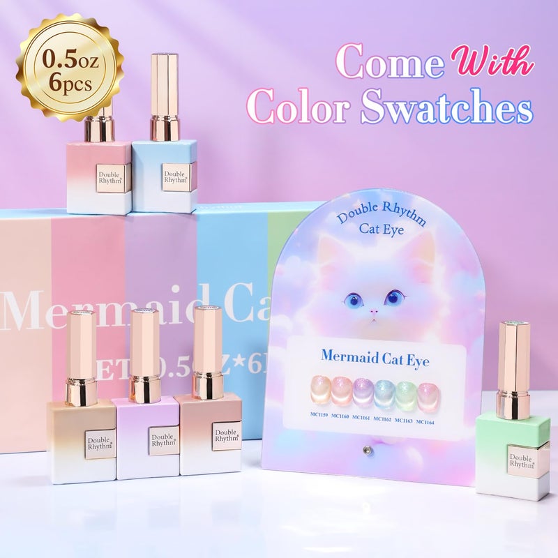 Double Rhythm Cat Eye Gel Nail Polish Set of 6 Same Color Same Bottle 0.5 Oz Shimmer Glitter with Magnet Holographic Reflective Magnetic UV Nail Polish Kit at Home (Nude Pink Green Purple-T6-29) - Image 2