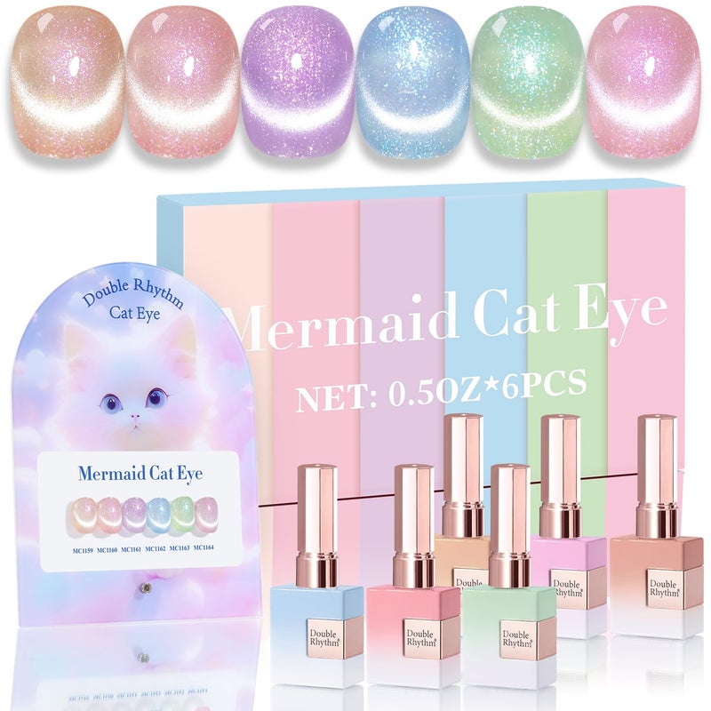 Double Rhythm Cat Eye Gel Nail Polish Set of 6 Same Color Same Bottle 0.5 Oz Shimmer Glitter with Magnet Holographic Reflective Magnetic UV Nail Polish Kit at Home (Nude Pink Green Purple-T6-29) - Image 1