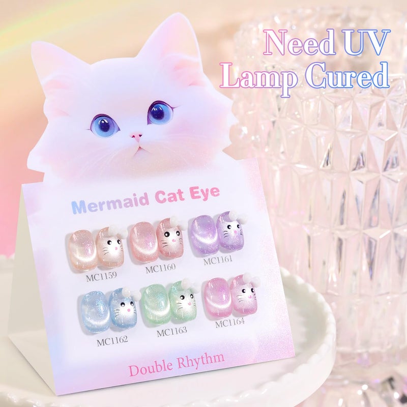 Double Rhythm Cat Eye Gel Nail Polish Set of 6 Same Color Same Bottle 0.5 Oz Shimmer Glitter with Magnet Holographic Reflective Magnetic UV Nail Polish Kit at Home (Nude Pink Green Purple-T6-29) - Image 3