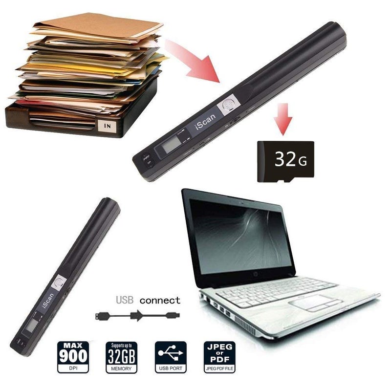 Microware ماسح ضوئي محمول باليد iScan Wand لاسلكي بحجم A4 900DPI بصيغة JPG/PDF شاشة LCD لفواتير الأعمال والكتب وغيرها. - Image 1