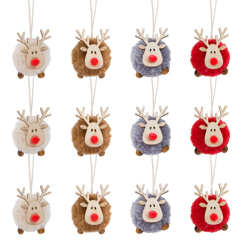 12 Pack Christmas Felt Elk Hanging Ornaments Christmas Tree Wooden Reindeer Hanging Pendants Decorations for Xmas Party Tree Home Decor4 Colors