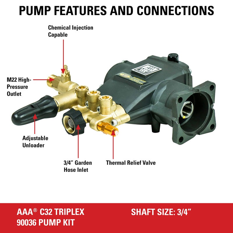 Simpson مجموعة مضخة غسيل ضغط بديلة AAA 90036 ثلاثية المكبس أفقية، 3200 PSI، 2.8 GPM، عمود 3/4"، تشمل الأجهزة وأنبوب السحب، للآلات الصناعية التي تعمل بالغاز، باللون الأسود - Image 2