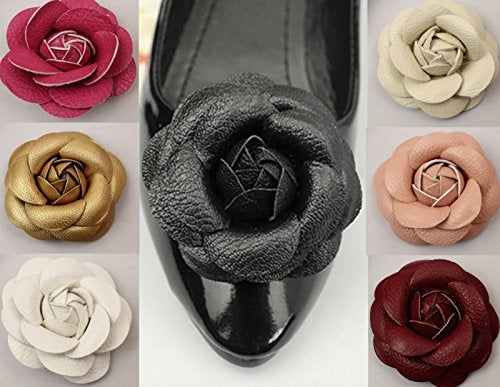 Douqu Faux Leather Rose Flower Winter Boots Wedding Sandals Black Shoe Clips Pair (Black) - Image 3