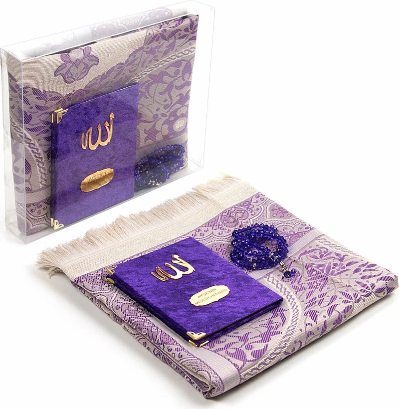 İhvan Ihvan Transparent Boxed, Prayer Mat and Prayer Beads, Personalized Velvet Covered Yasin Set Purple