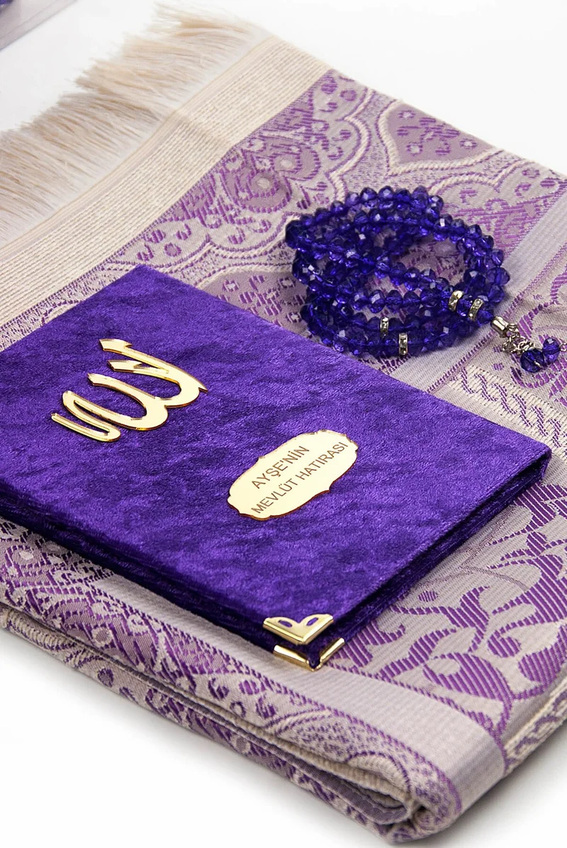 İhvan Ihvan Transparent Boxed, Prayer Mat and Prayer Beads, Personalized Velvet Covered Yasin Set Purple