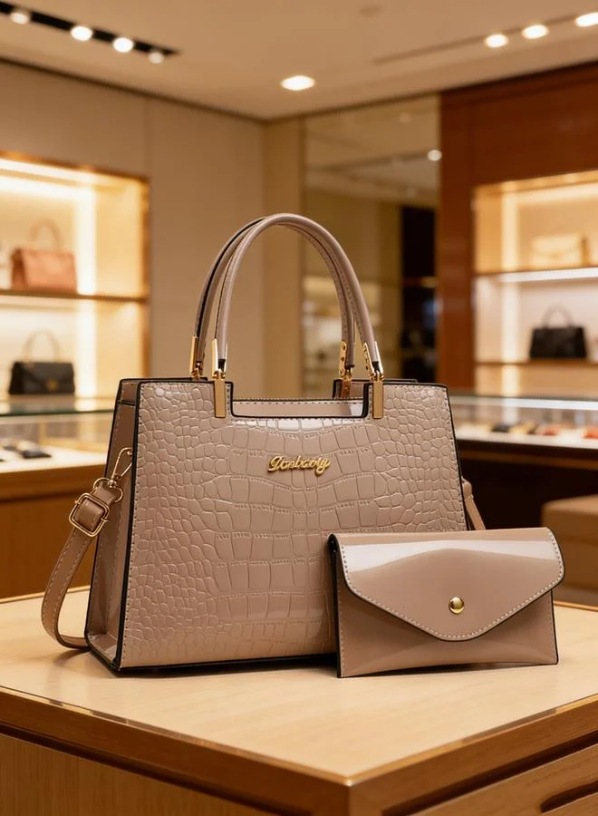 تايك تو Beige Croc-Embossed Handbag with Purse
