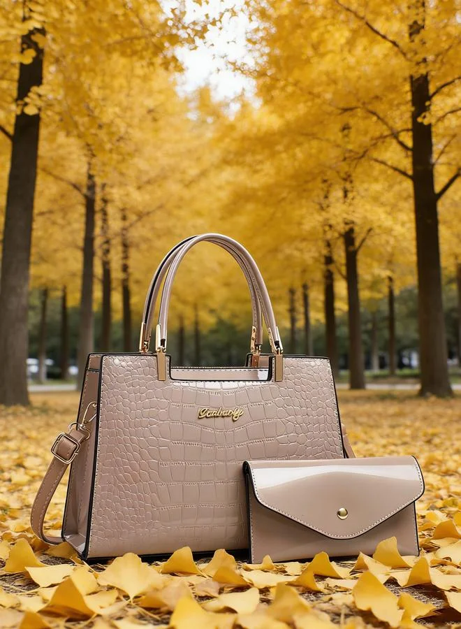 تايك تو Beige Croc-Embossed Handbag with Purse