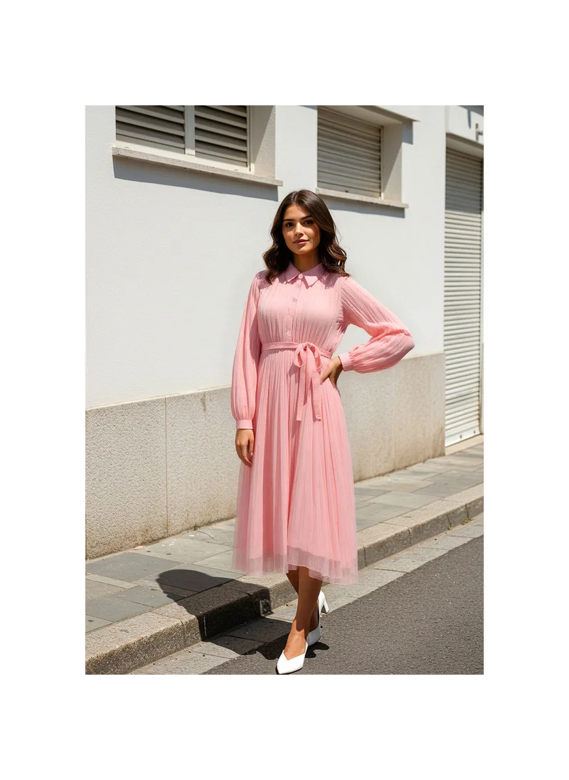 فاف Pleated Midi Dress with Collar and Tie-Up Belt