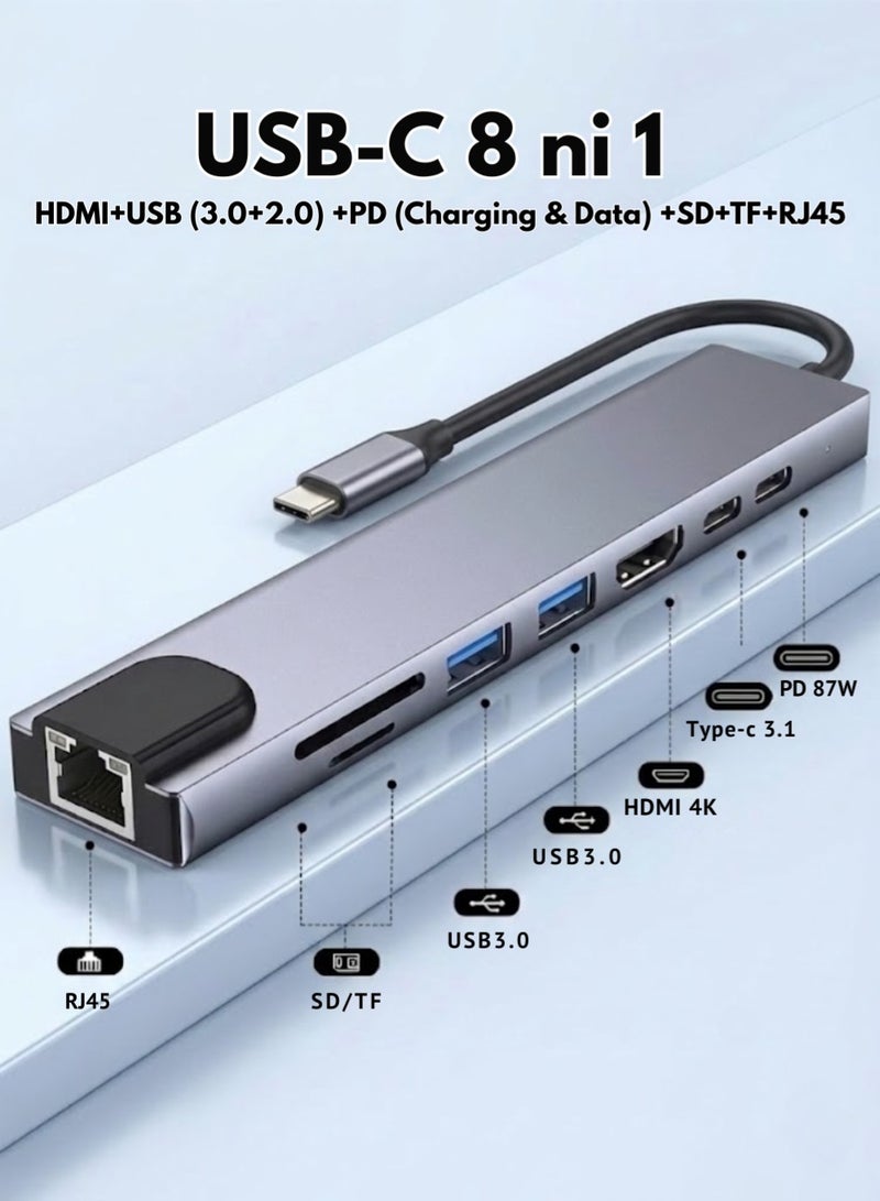 زدترون موزع USB-C ثماني في واحد، يدعم دقة 4K HDTV، موزع إيثرنت متعدد المنافذ RJ45 بسرعة 100 ميجابت في الثانية، منفذ USB-C بسرعة 5 جيجابت في الثانية ومنفذي USB-A لنقل البيانات، شحن سريع بتقنية PD، قارئ بطاقات SD/TF، ​​مؤشر LED، متوافق مع أجهزة MacBook وDell وHP وأجهزة الكمبيوتر المحمولة التي تعمل بنظام Windows - Image 1