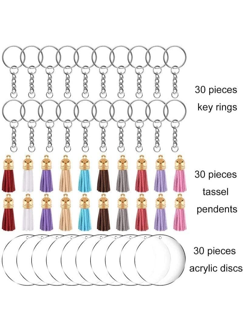 90pcs Acrylic Keychain Set - 30 Clear Acrylic Discs, 30 Colorful Tassel Pendants, 30 Key Rings for DIY Crafts, Key Chains, Zipper Pulls, Pendant Decorations - Image 2