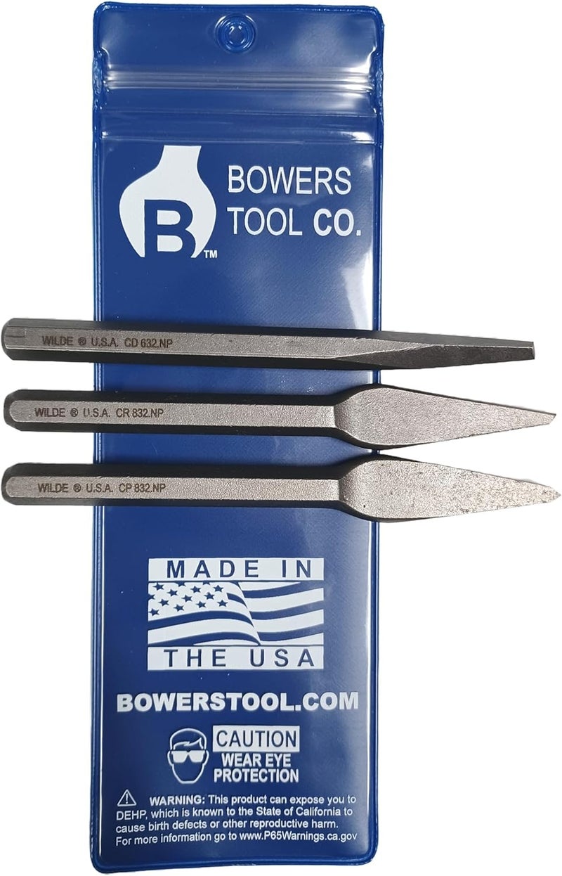 Bowers Tool Co. 3pc 5/32 Diamond 1/4in Cape and Round Chisel Set w Pouch MADE IN USA - Image 2