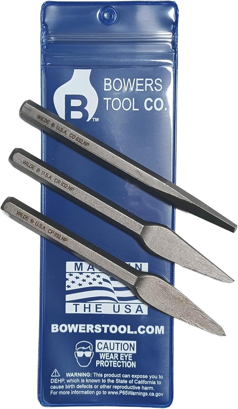 Bowers Tool Co. 3pc 5/32 Diamond 1/4in Cape and Round Chisel Set w Pouch MADE IN USA - Image 1