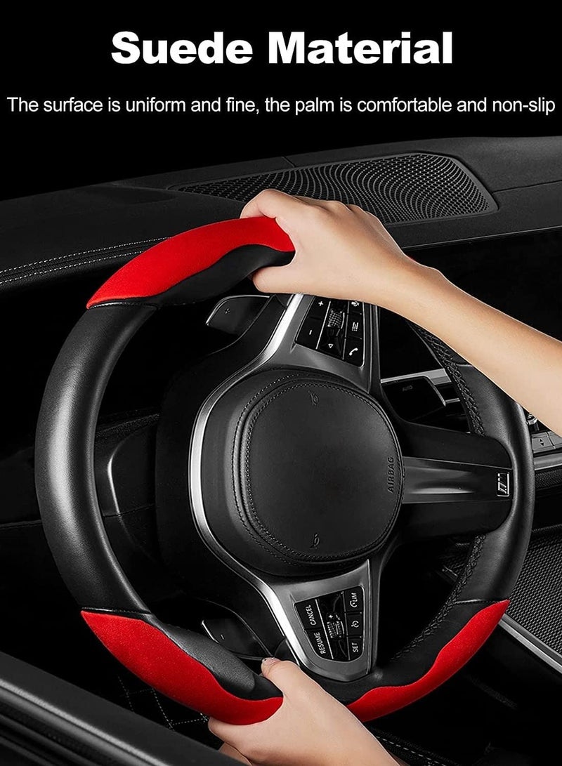 SYOSI Sporty Steering Wheel Cover D Round Shape Universal Suede Carbon Fiber Anti Slip Breathable Segmented Steering Wheel Protector Cover Fashionable 38cm 15in Red - Image 3