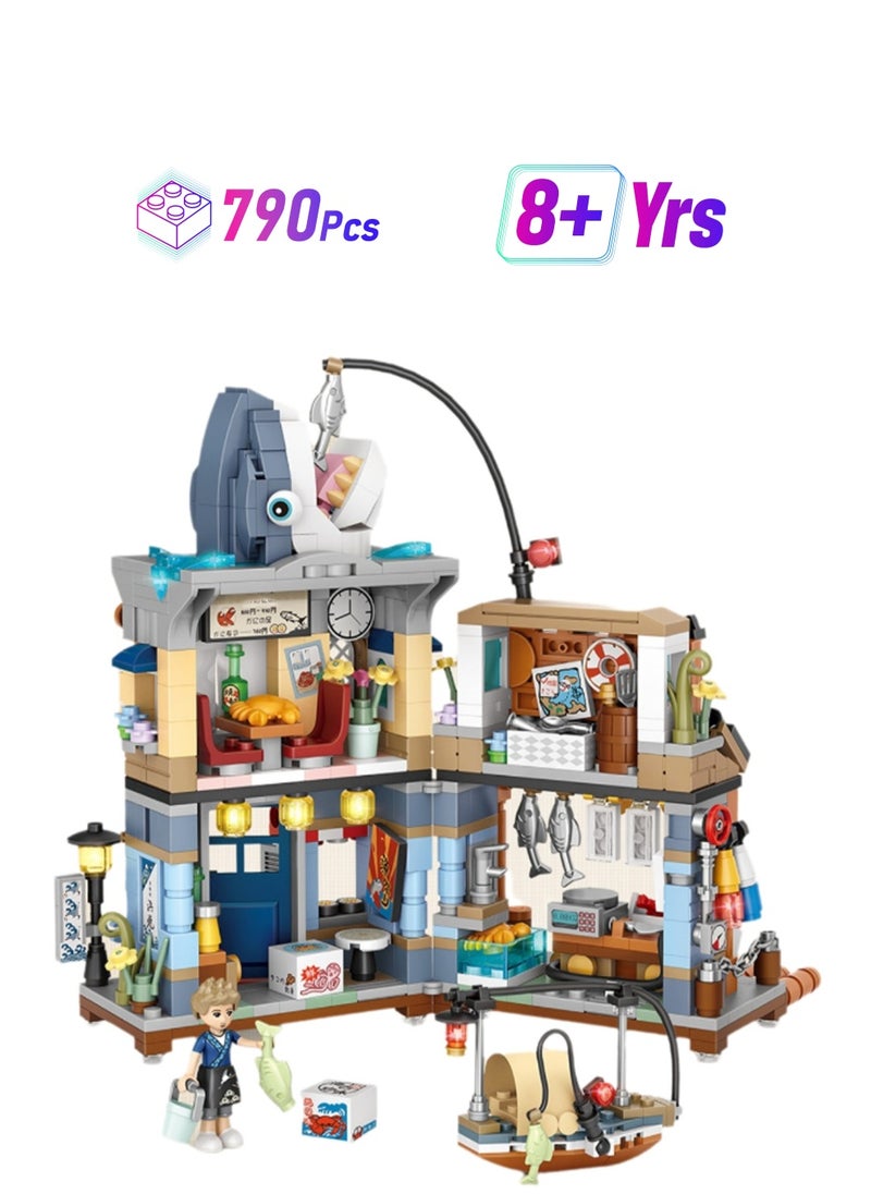 Mini Folding Seafood Store 790pcs, Japanese Street Scene Set Building Block Toys, Children'S Educational Assembly Model Gifts  - Image 1