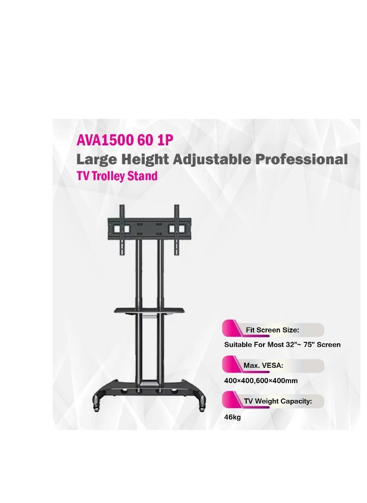 TRUMAN Tv Trolley - Model AVA1500-60-1P - With Wheels Movable For LCD - LED Flat or Curved Screen for 32-70 Inch Height Adjustable Rolling, weight capacity Up to 45.5 KG- Floor TV Stand with Tray  - Image 5