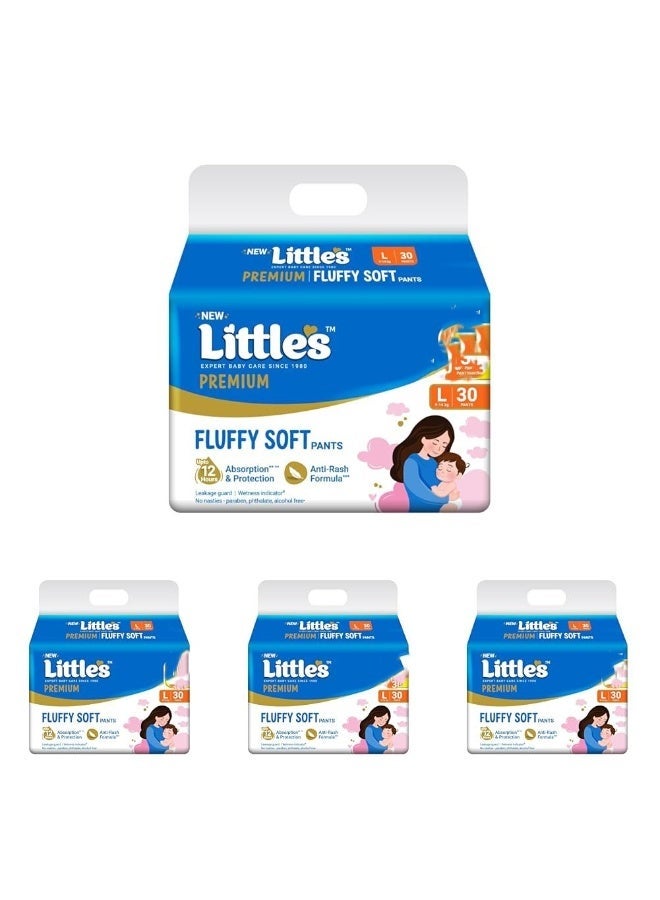 Little's Premium Baby Diapers L Size (Large) Pants Style | 9-14 kg | 30 Count - Pack of 4 | FluffySoft Baby Diaper with Leakage Guard, Wetness Indicator & 12 Hours Absorption - Image 1