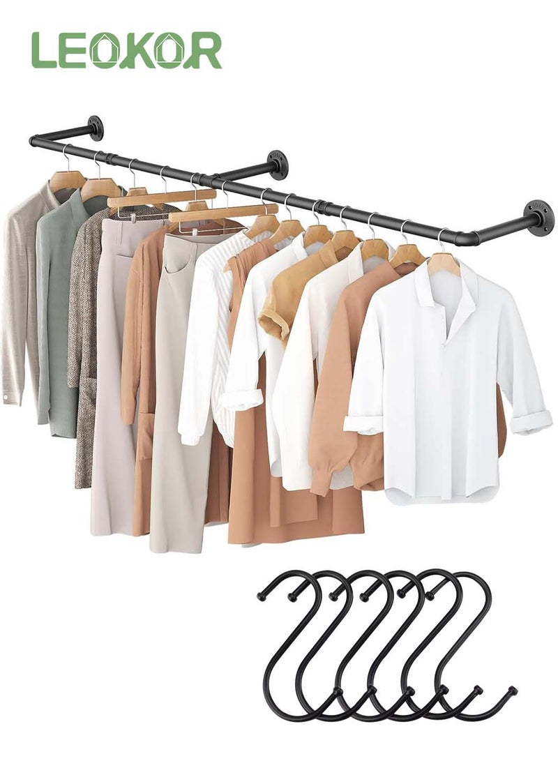 LEOKOR Wall Mounted Clothes Rack, 72In Industrial Pipe Clothes Rod Hanging Clothing Rack, Multi-Purpose Hanging Clothes Rack with Free 6 Hooks, Space-Saving Closet Rod for Laundry Room Bedroom Living Room - Image 1