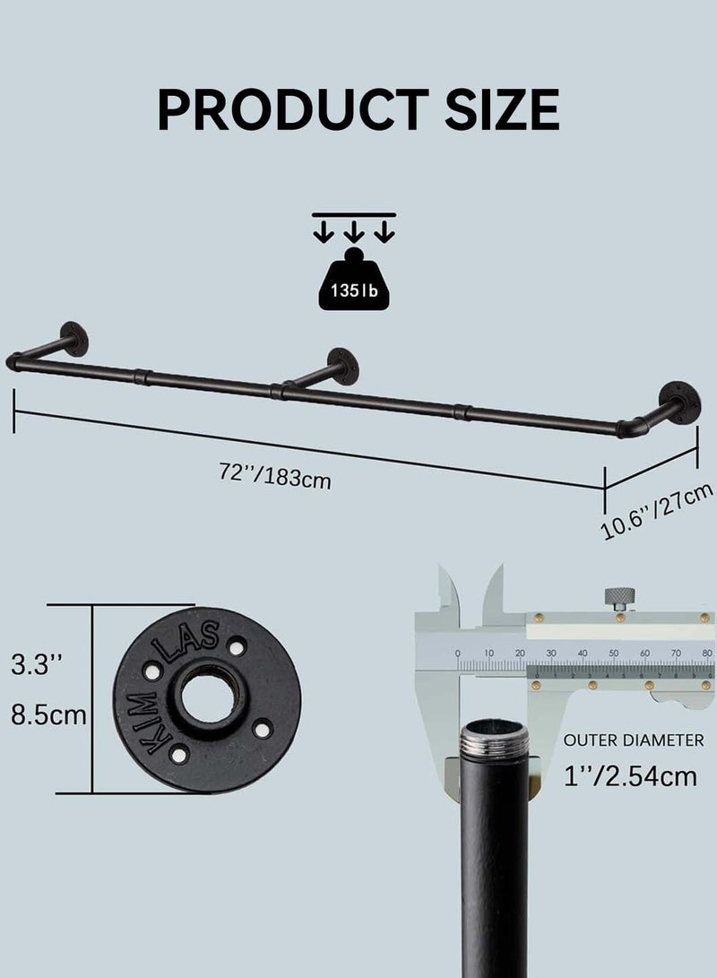 LEOKOR Wall Mounted Clothes Rack, 72In Industrial Pipe Clothes Rod Hanging Clothing Rack, Multi-Purpose Hanging Clothes Rack with Free 6 Hooks, Space-Saving Closet Rod for Laundry Room Bedroom Living Room - Image 4