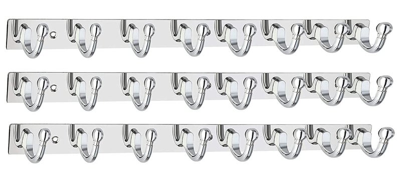 GHAR DWAR Heavy Duty Stainless Steel Cloth Hanger Suitable for Bathroom Bedroom Kitchen Wall Hook Rail Hanging Scarf, Coat,Keys Tie Clothes Towel Door Robe Hanging (Pack of 3, Goli) - Image 2