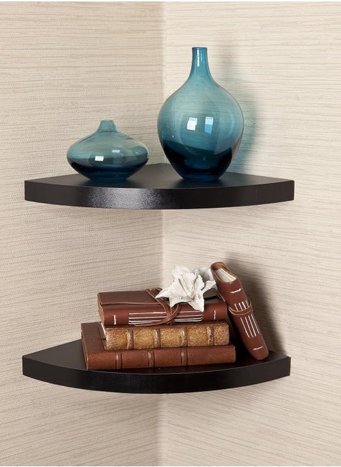Set of 2 wall mounted small floating wooden corner shelves