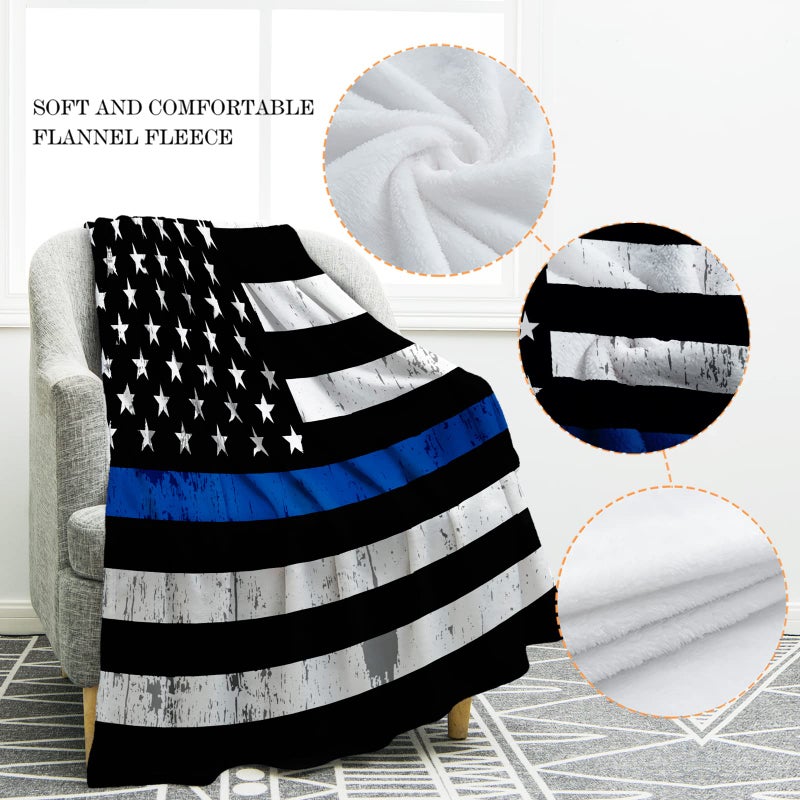 Jekeno Blue Line Police Blanket United States Police Flag Print Gifts for Men Boy Dad Husband Son Adult Home Bedroom Living Room Decor Soft Cozy Lightweight Plush Throw Blankets 60""x80"" - Image 3