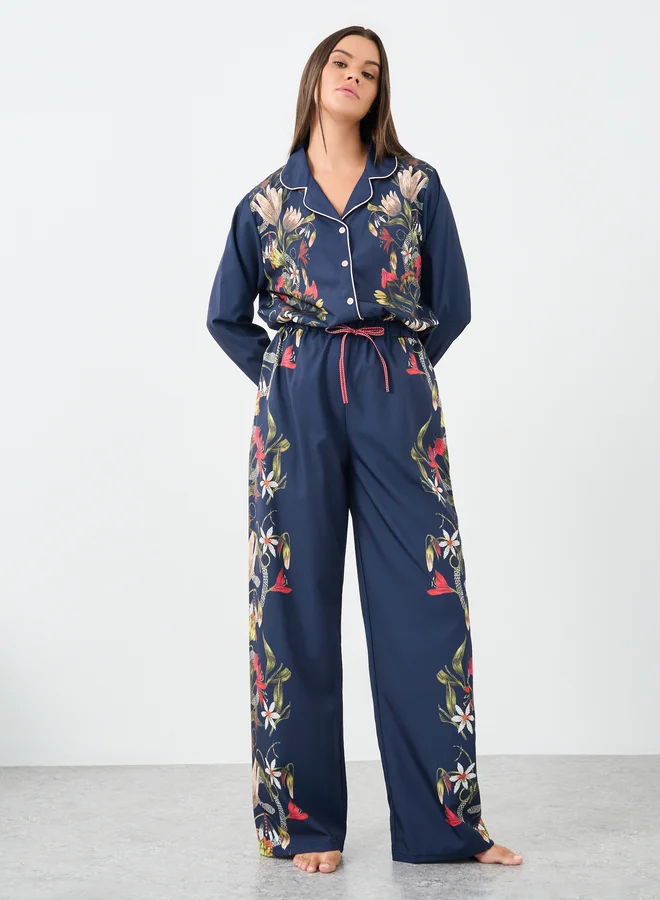 Styli Styli Satin Floral Print Piped Trim Detail Shirt and Pyjama Set