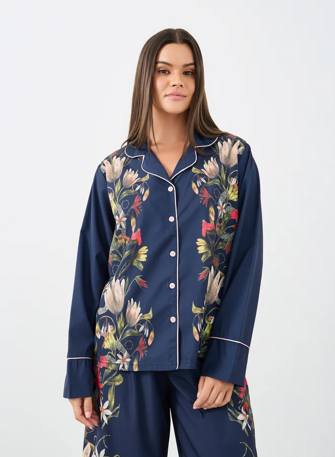 ستايلي Styli Satin Floral Print Piped Trim Detail Shirt and Pyjama Set