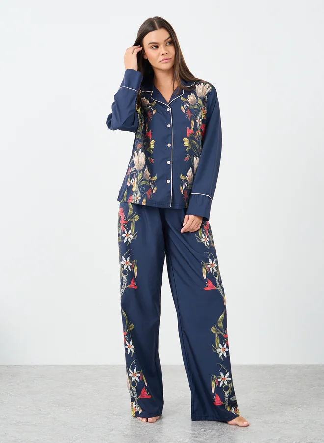 ستايلي Styli Satin Floral Print Piped Trim Detail Shirt and Pyjama Set
