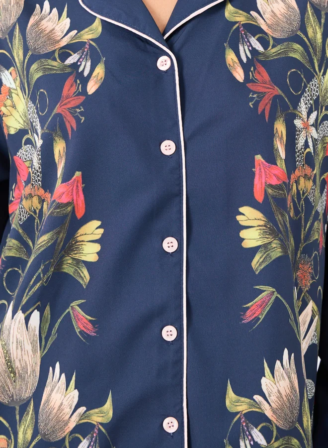 Styli Styli Satin Floral Print Piped Trim Detail Shirt and Pyjama Set