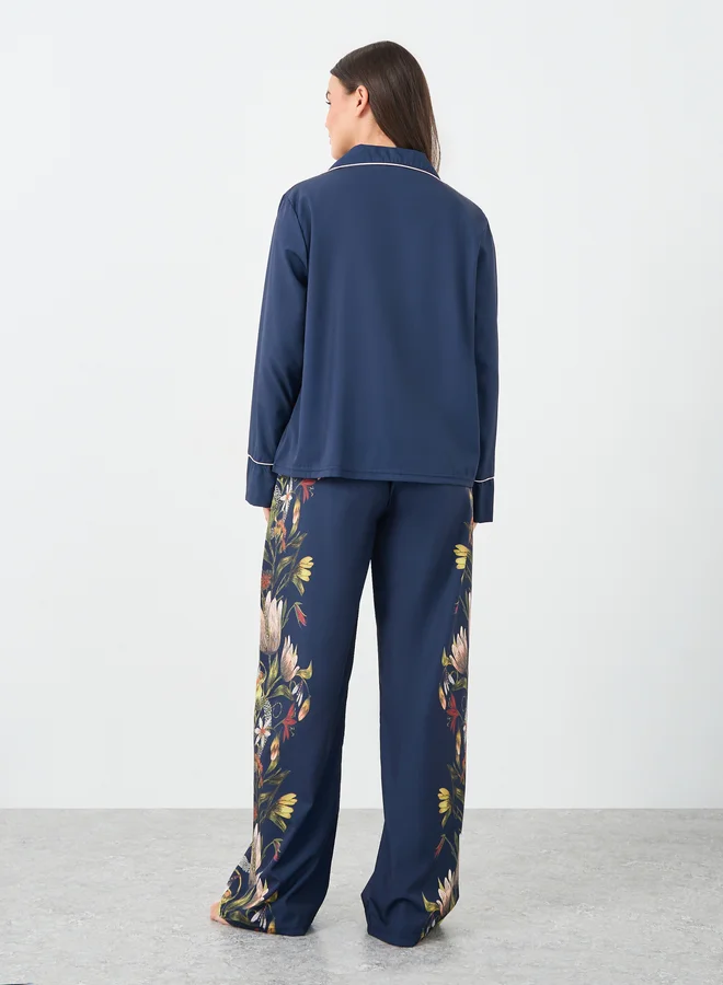Styli Styli Satin Floral Print Piped Trim Detail Shirt and Pyjama Set