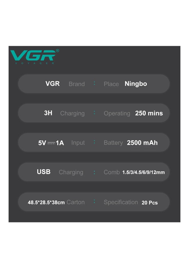 VGR 003 Fresh Fade Hair Clipper, Professional Hair Trimmer, Cord/Cordless Rechargeable Hair Cutting Tools With Led Display - Black - Image 5