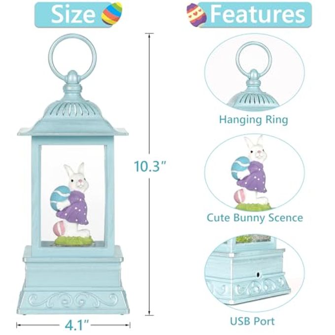 Eyrosa Easter Snow Globe, Easter Decorations for The Home, Lighted Glitter Bunny Snowglobe Lantern for Spring Home Decor - Image 2