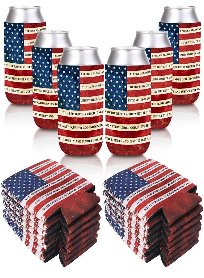 Whaline 10Pcs Patriotic Can Sleeves 4th of July Can Covers Insulators Retro USA Flag Pledge of Allegiance Print Neoprene Thermocoolers for Beverages Bottle Can Decor Independence Day Party Supplies - Image 1