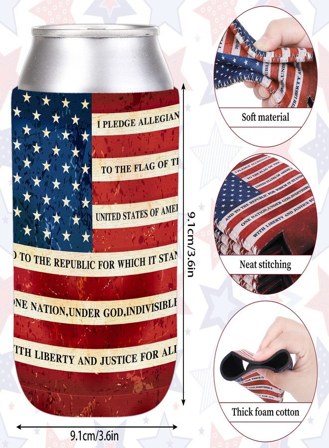 Whaline 10Pcs Patriotic Can Sleeves 4th of July Can Covers Insulators Retro USA Flag Pledge of Allegiance Print Neoprene Thermocoolers for Beverages Bottle Can Decor Independence Day Party Supplies - Image 2