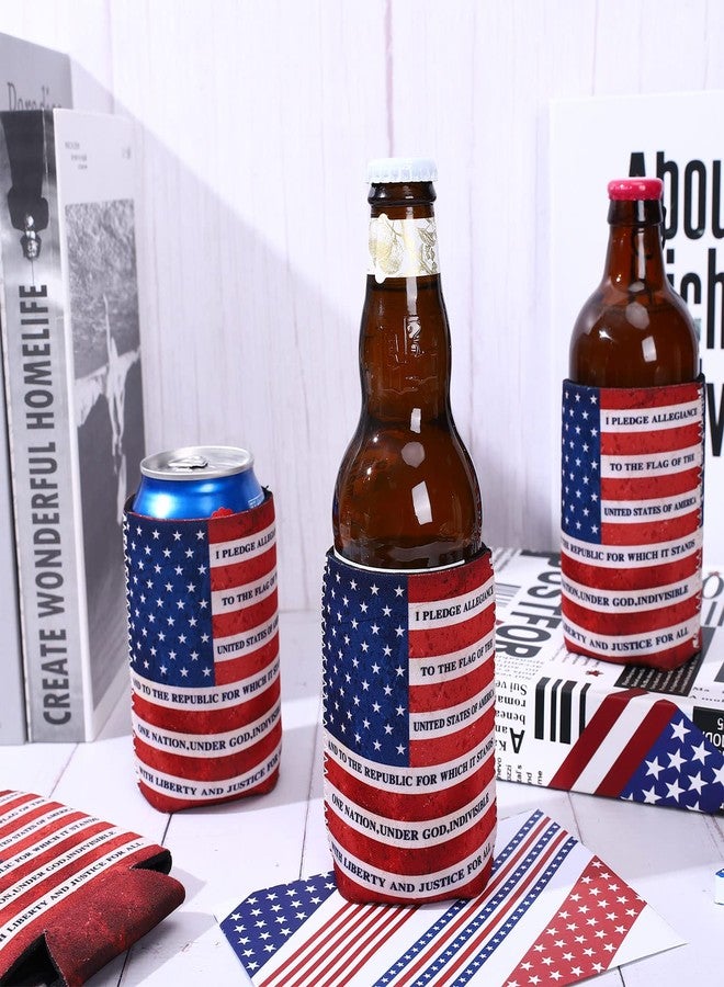 Whaline 10Pcs Patriotic Can Sleeves 4th of July Can Covers Insulators Retro USA Flag Pledge of Allegiance Print Neoprene Thermocoolers for Beverages Bottle Can Decor Independence Day Party Supplies - Image 4