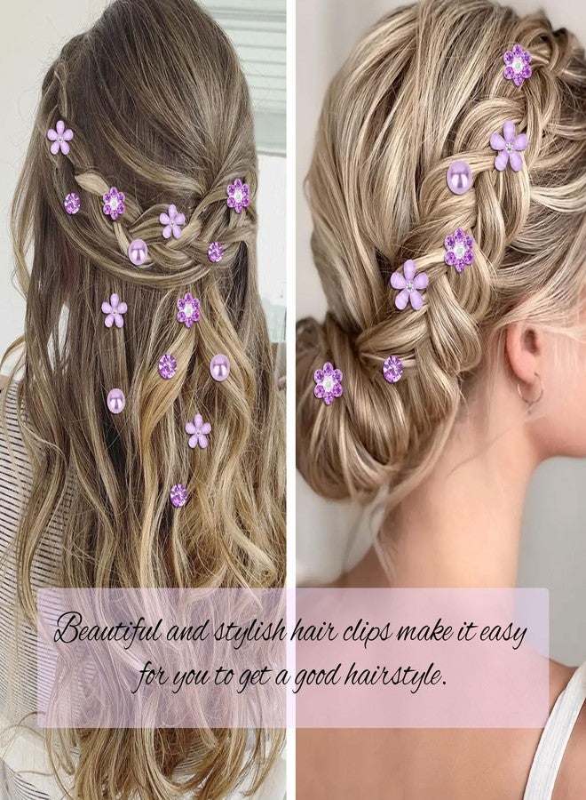 YISSION 40Pcs Mini Flower Hair Clips Cute Rhinestone Hair Pins Small Pearl Hair Clips Decorative Hair Clips Wedding Hair Barrettes Purple Hair Clips Bridal Hair Accessories for Girls Women - Image 2