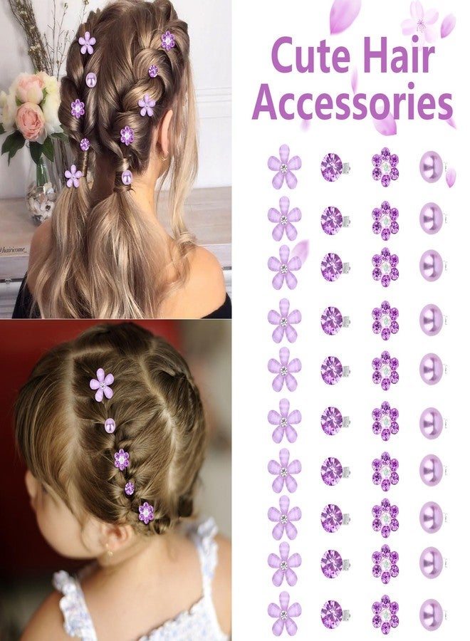 YISSION 40Pcs Mini Flower Hair Clips Cute Rhinestone Hair Pins Small Pearl Hair Clips Decorative Hair Clips Wedding Hair Barrettes Purple Hair Clips Bridal Hair Accessories for Girls Women - Image 3