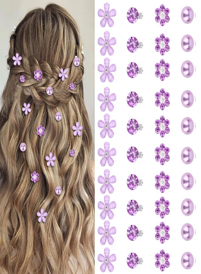 YISSION 40Pcs Mini Flower Hair Clips Cute Rhinestone Hair Pins Small Pearl Hair Clips Decorative Hair Clips Wedding Hair Barrettes Purple Hair Clips Bridal Hair Accessories for Girls Women - Image 1