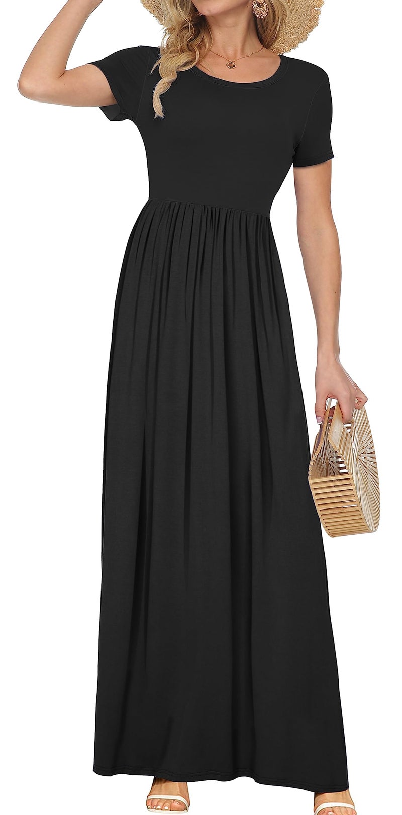 AUSELILY Women's Short Sleeve Loose Plain Casual Long Maxi Dresses for Women 2025 Black L - Image 2