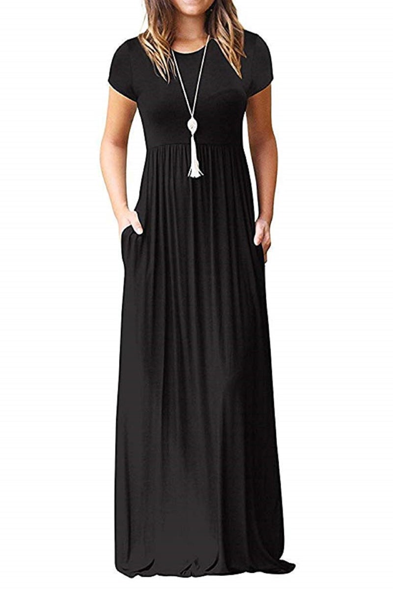AUSELILY Women's Short Sleeve Loose Plain Casual Long Maxi Dresses for Women 2025 Black L - Image 1
