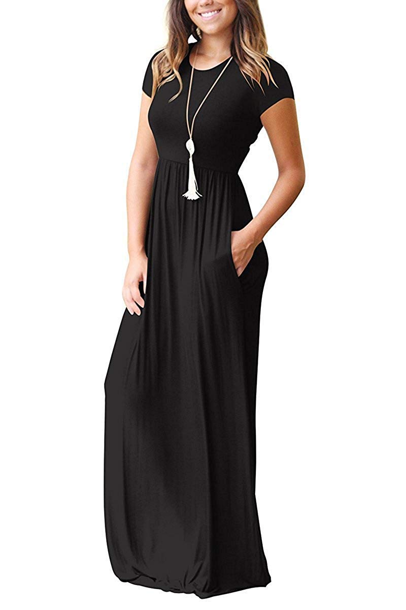 AUSELILY Women's Short Sleeve Loose Plain Casual Long Maxi Dresses for Women 2025 Black L - Image 4