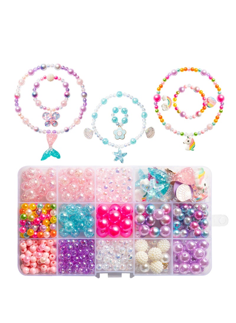 KASTWAVE DIY Bead Jewelry Making Kit for Kids Girls with Mermaid Starfish Shell Unicorn Rainbow erfly Heart Pearl Charms Beads for Bracelets Rings Necklaces Creativity Beading Kits Art Craft, 400Pcs+