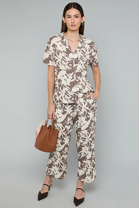R&B Floral Print Shirt with Lapel Collar and Short Sleeves